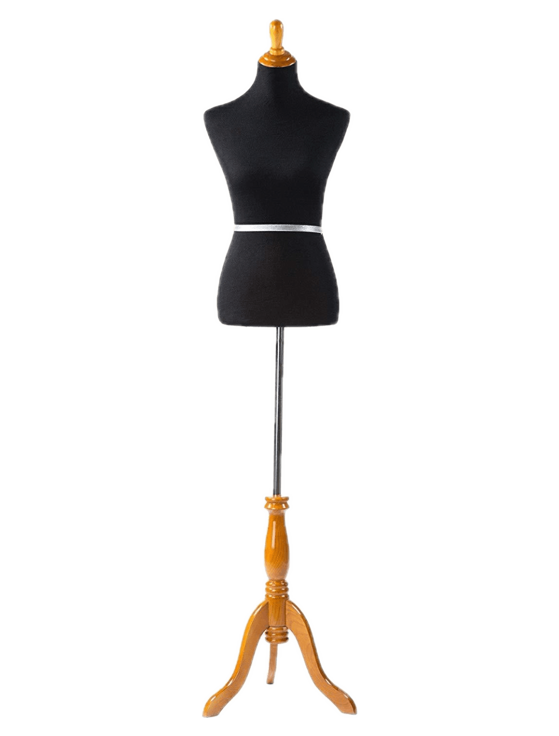 Female dress form on a three-legged wooden tripod stand
