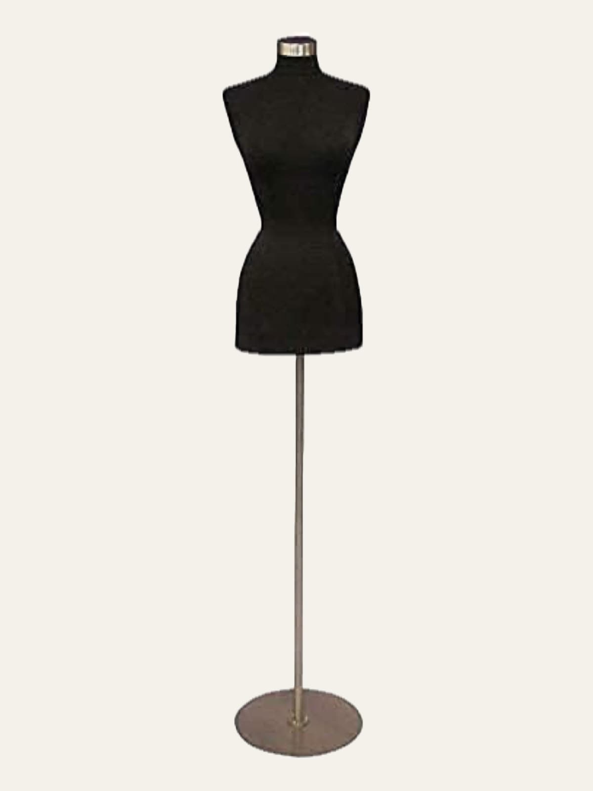 Black female dress form on a slim metal stand with a round base