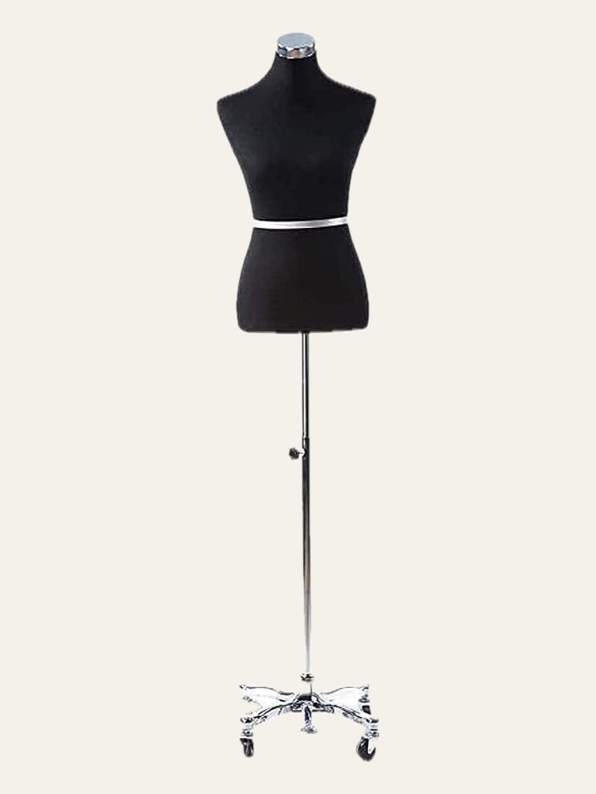Black female dress form on a chrome stand with a five-castor rolling base