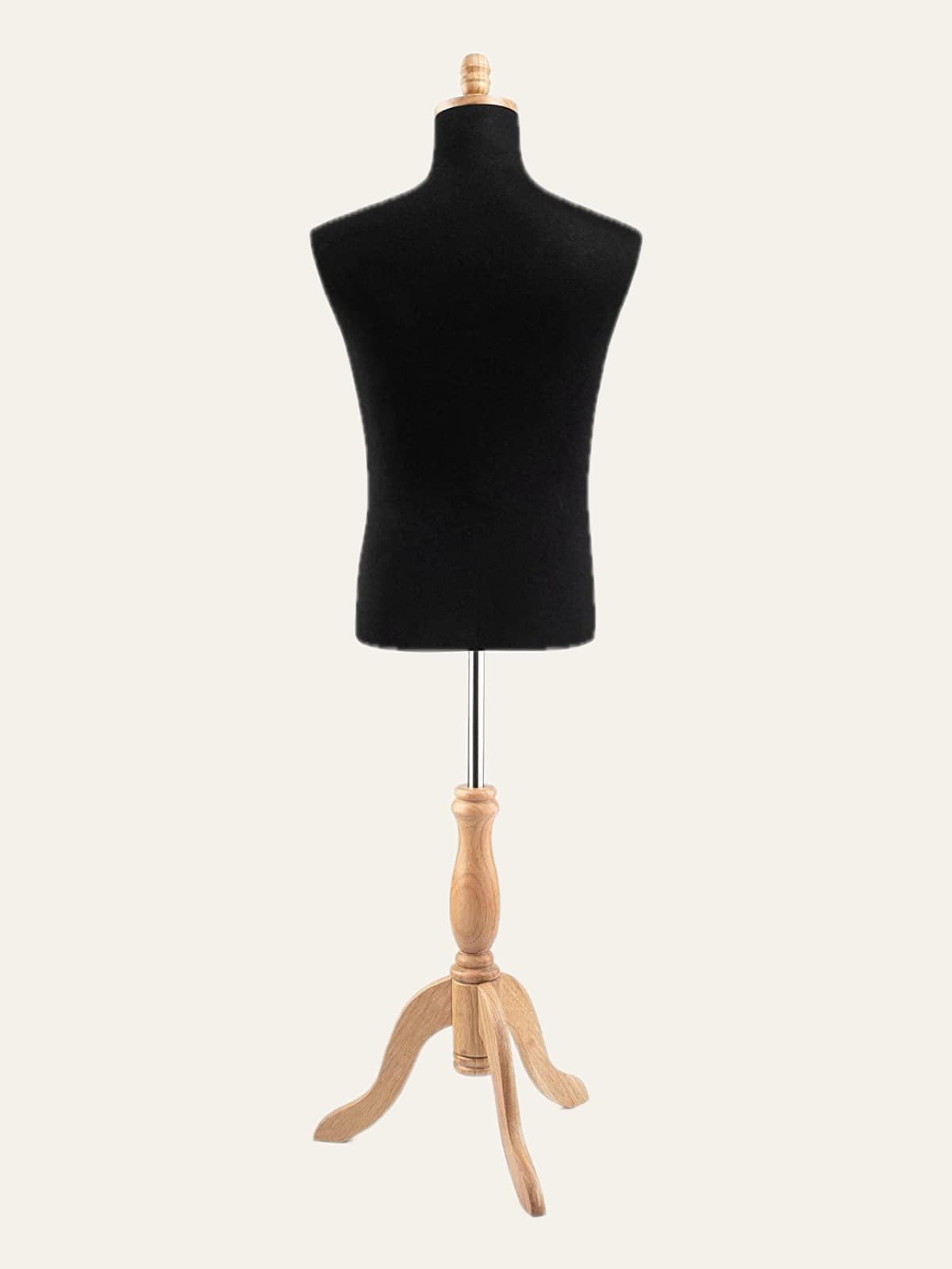 Black male dress form on a wooden tripod stand